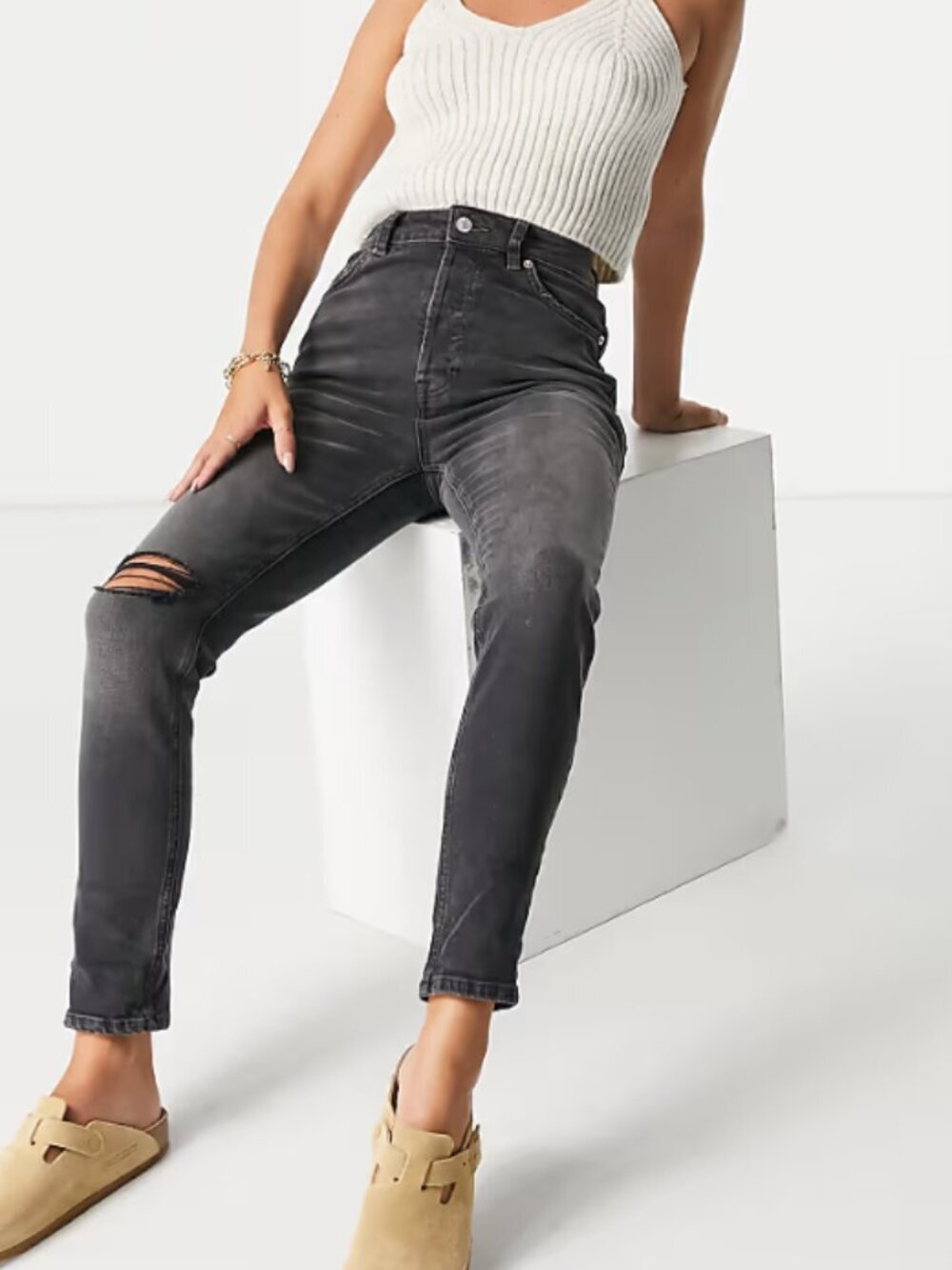 We The Free Free People Washed Black Zuri Button Fly Mom Jeans 32 54608